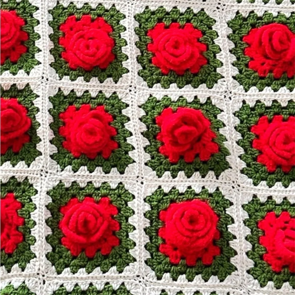 Handmade Crochet Rose Blanket in Red, Green & White